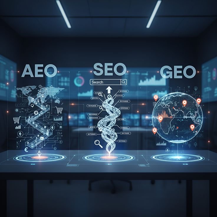 SEO, AEO and GEO search optimization concept with AI-powered search and global visibility