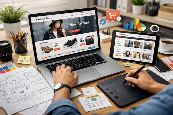 E-commerce website design and online store management across desktop and tablet devices