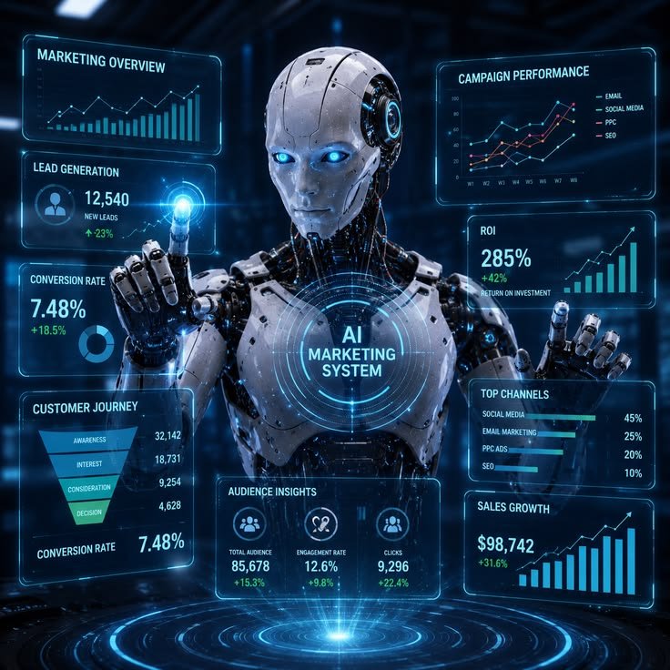 AI automation and marketing analytics concept showing workflows, lead generation and campaign performance