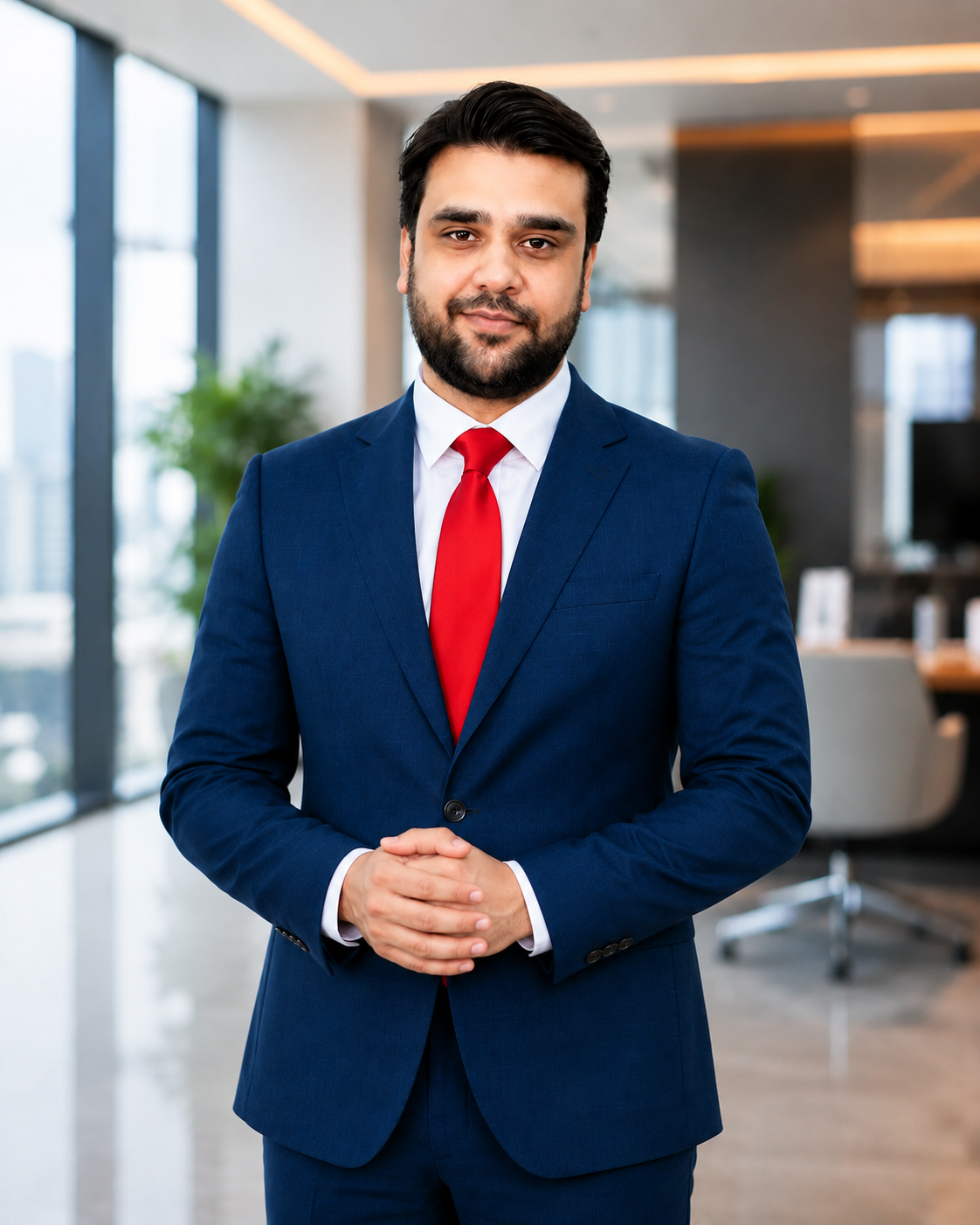 Professional portrait of a business consultant in a modern office