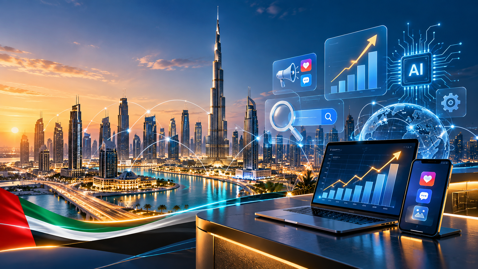 Digital marketing trends UAE 2027 with Dubai skyline, AI, SEO and analytics