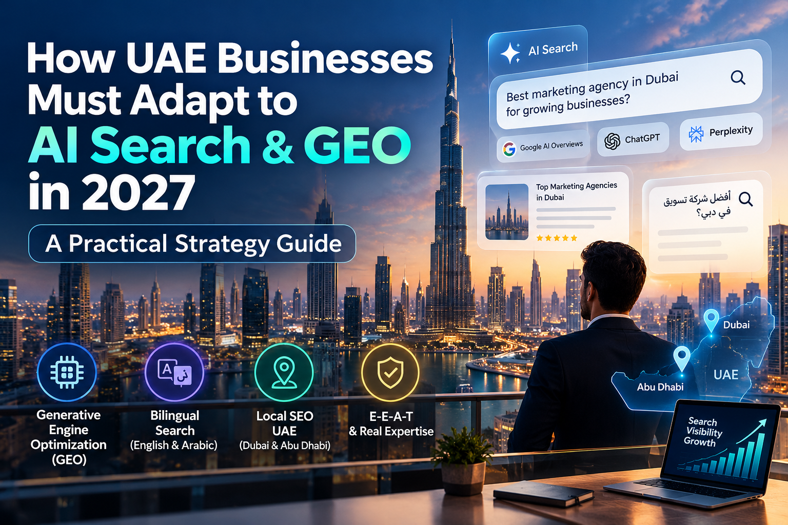 UAE AI search optimization 2027 featuring GEO, AI-powered search, bilingual SEO, and Dubai business growth